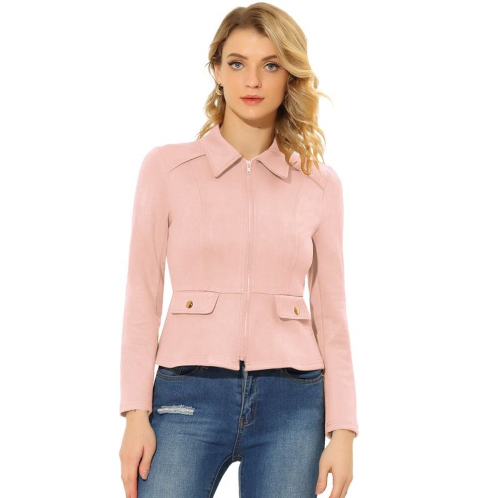 Faux Suede Jacket Short Zip Up Motorcycle Biker Coat Pink